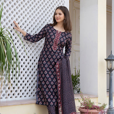Black Rayon Blend Floral Printed Straight Trouser Bottom Suit Set VKSKD2271