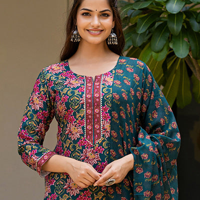 Green Rayon Blend Floral Printed Straight Suit Set With Trouser Bottom VKSKD2283