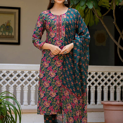 Green Rayon Blend Floral Printed Straight Suit Set With Trouser Bottom VKSKD2283