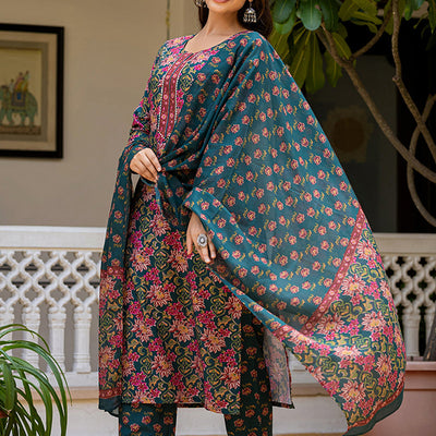 Green Rayon Blend Floral Printed Straight Suit Set With Trouser Bottom VKSKD2283