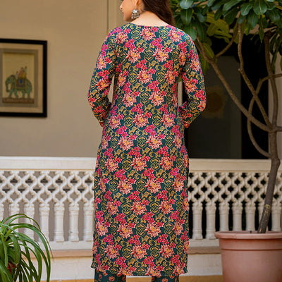 Green Rayon Blend Floral Printed Straight Suit Set With Trouser Bottom VKSKD2283