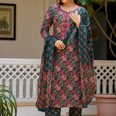 Green Rayon Blend Floral Printed Straight Suit Set With Trouser Bottom VKSKD2283