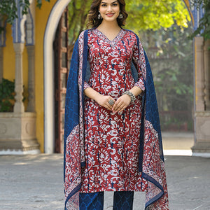 Maroon Rayon Blend Ethnic Motifs Printed Straight Suit Set VKSKD2285