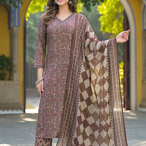 Brown Cotton Blend Floral Printed Straight Trouser Suit Set VKSKD2302