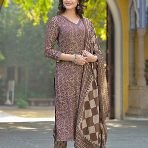 Brown Cotton Blend Floral Printed Straight Trouser Suit Set VKSKD2302