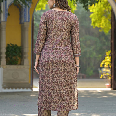 Brown Cotton Blend Floral Printed Straight Trouser Suit Set VKSKD2302