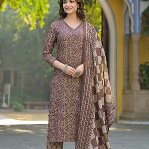Brown Cotton Blend Floral Printed Straight Trouser Suit Set VKSKD2302