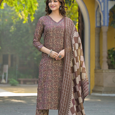 Brown Cotton Blend Floral Printed Straight Trouser Suit Set VKSKD2302
