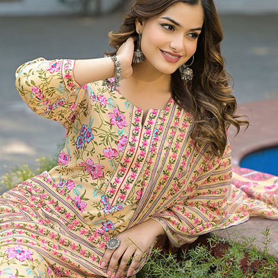 Yellow Rayon Blend Floral Printed Straight Suit Set VKSKD2314