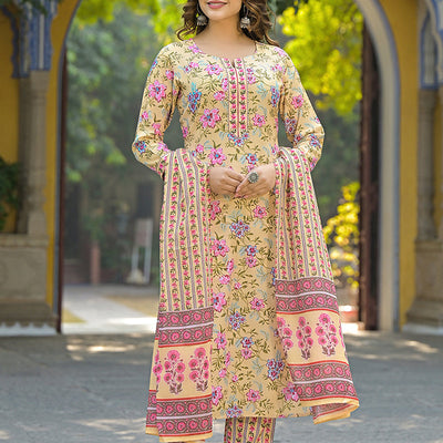 Yellow Rayon Blend Floral Printed Straight Suit Set VKSKD2314