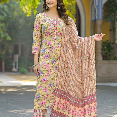 Yellow Rayon Blend Floral Printed Straight Suit Set VKSKD2314