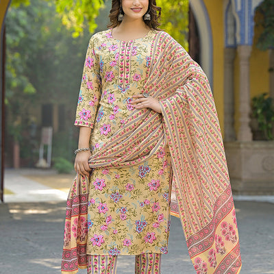 Yellow Rayon Blend Floral Printed Straight Suit Set VKSKD2314