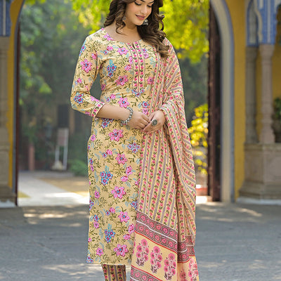 Yellow Rayon Blend Floral Printed Straight Suit Set VKSKD2314