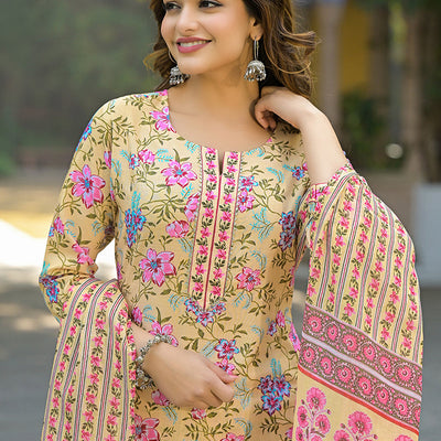 Yellow Rayon Blend Floral Printed Straight Suit Set VKSKD2314