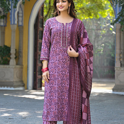 Pink Cotton Blend Floral Printed Straight Suit Set VKSKD2315