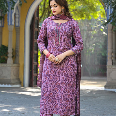 Pink Cotton Blend Floral Printed Straight Suit Set VKSKD2315