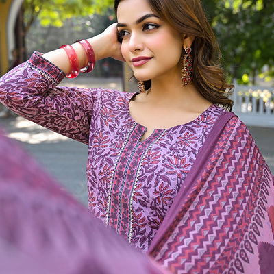 Pink Cotton Blend Floral Printed Straight Suit Set VKSKD2315
