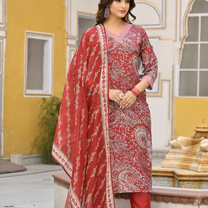 Red Rayon Blend Paisley Printed Straight Suit Set VKSKD2317