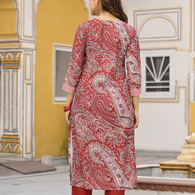 Red Rayon Blend Paisley Printed Straight Suit Set VKSKD2317