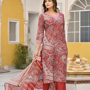 Red Rayon Blend Paisley Printed Straight Suit Set VKSKD2317