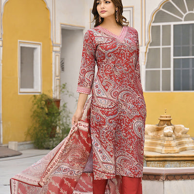 Red Rayon Blend Paisley Printed Straight Suit Set VKSKD2317