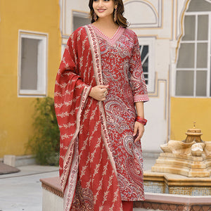 Red Rayon Blend Paisley Printed Straight Suit Set VKSKD2317
