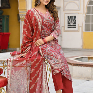 Red Rayon Blend Paisley Printed Straight Suit Set VKSKD2317