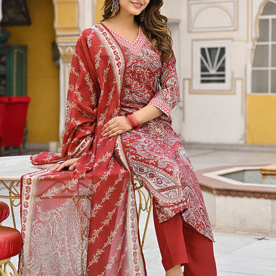 Red Rayon Blend Paisley Printed Straight Suit Set VKSKD2317