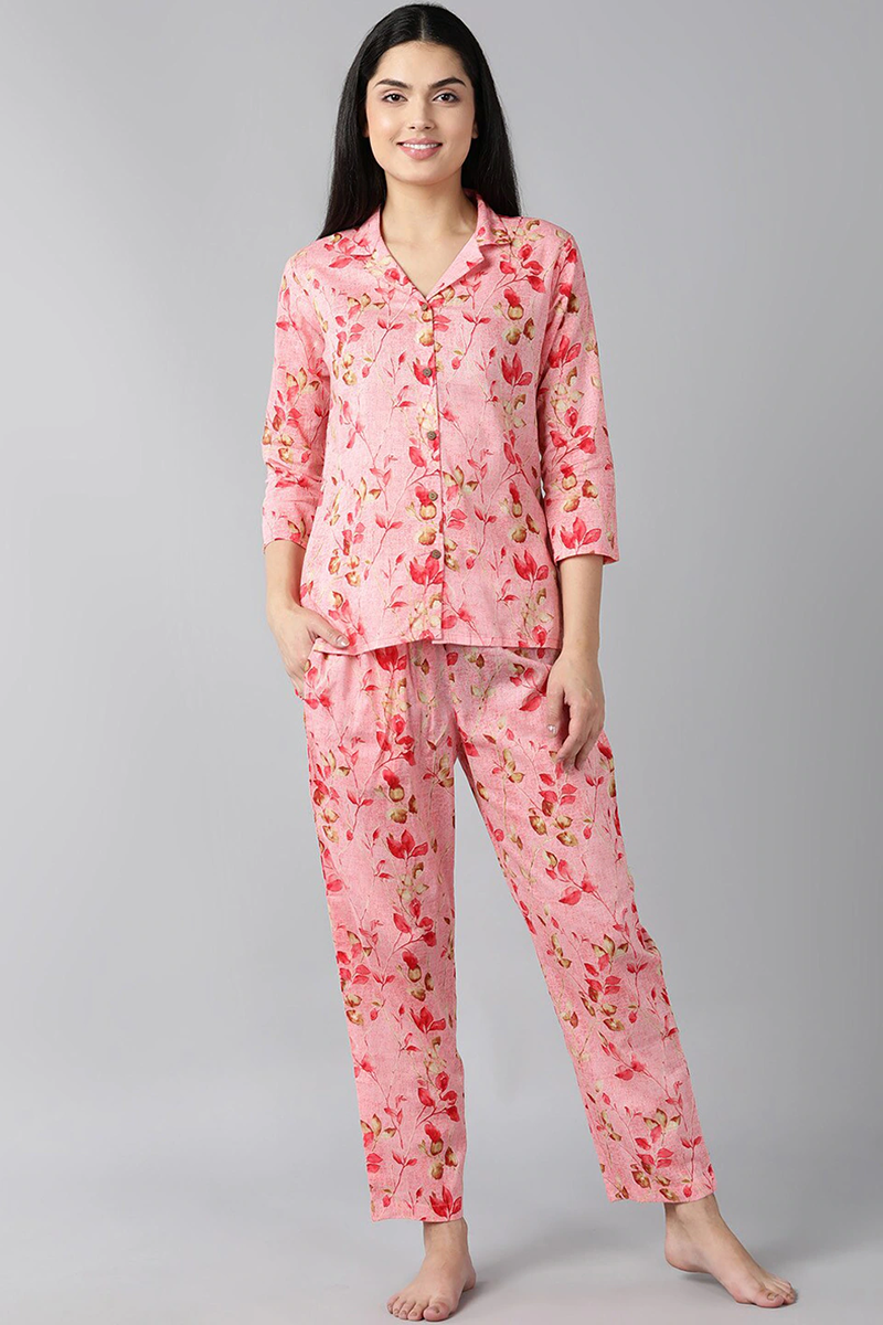 Pink Pure Cotton Floral Printed Night Suit VNWK1011