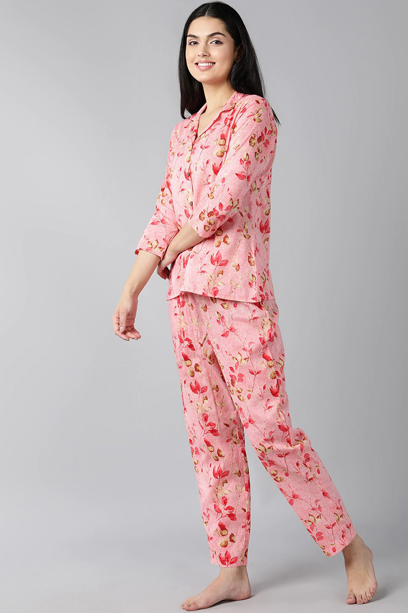 Pink Pure Cotton Floral Printed Night Suit VNWK1011