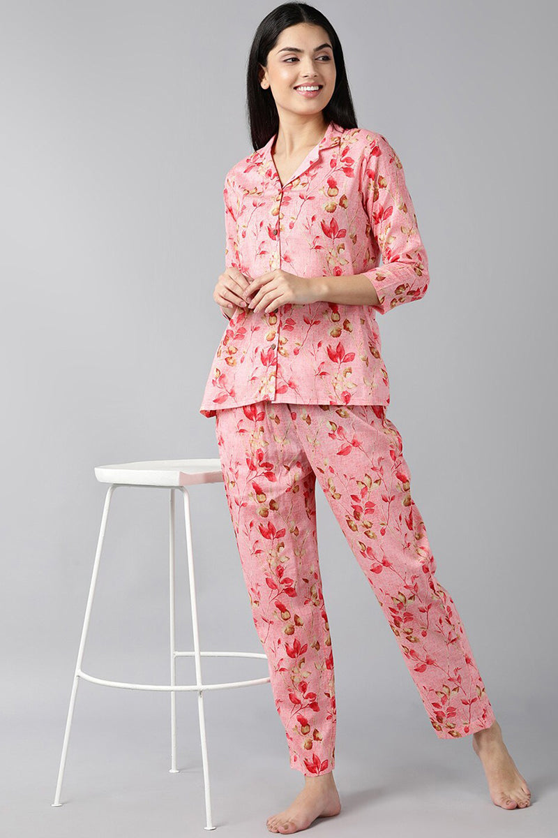 Pink Pure Cotton Floral Printed Night Suit VNWK1011