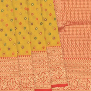 Yellow Blended Pashmina Kani Saree With Floral Motifs & Red Border-Yellow