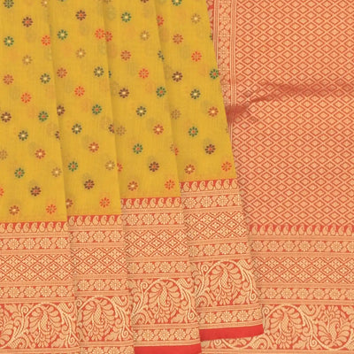 Yellow Blended Pashmina Kani Saree With Floral Motifs & Red Border-Yellow