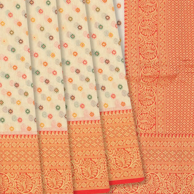 Off White Blended Pashmina Kani Saree With Floral Motifs & Red Border-Off White