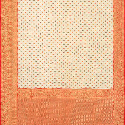 Off White Blended Pashmina Kani Saree With Floral Motifs & Red Border-Off White