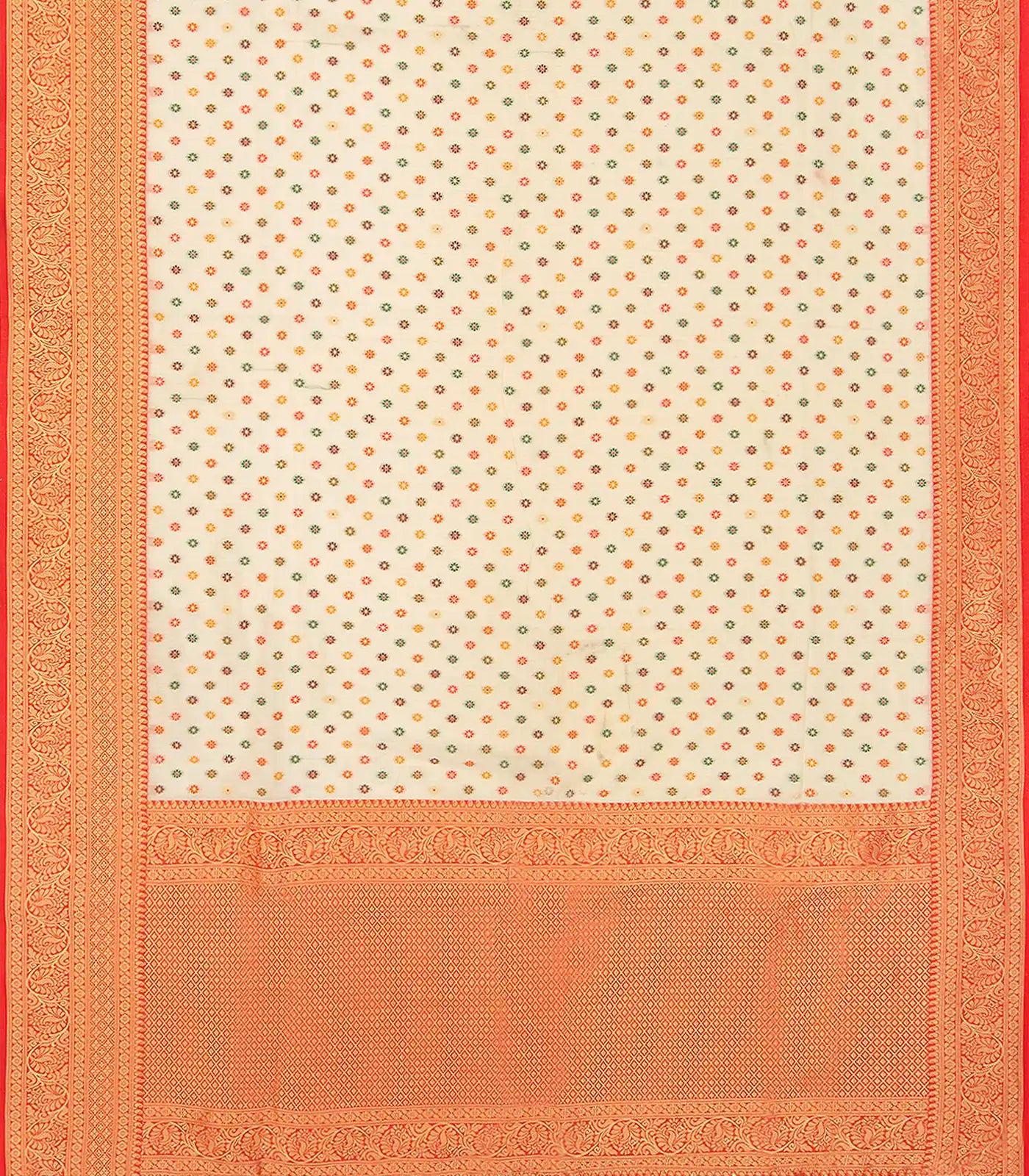 Off White Blended Pashmina Kani Saree With Floral Motifs & Red Border-Off White