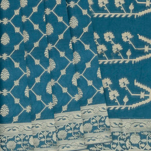 Steel Blue Woven Blended Khaddi Georgette Saree With Floral Jaal Motifs-Steel Blue