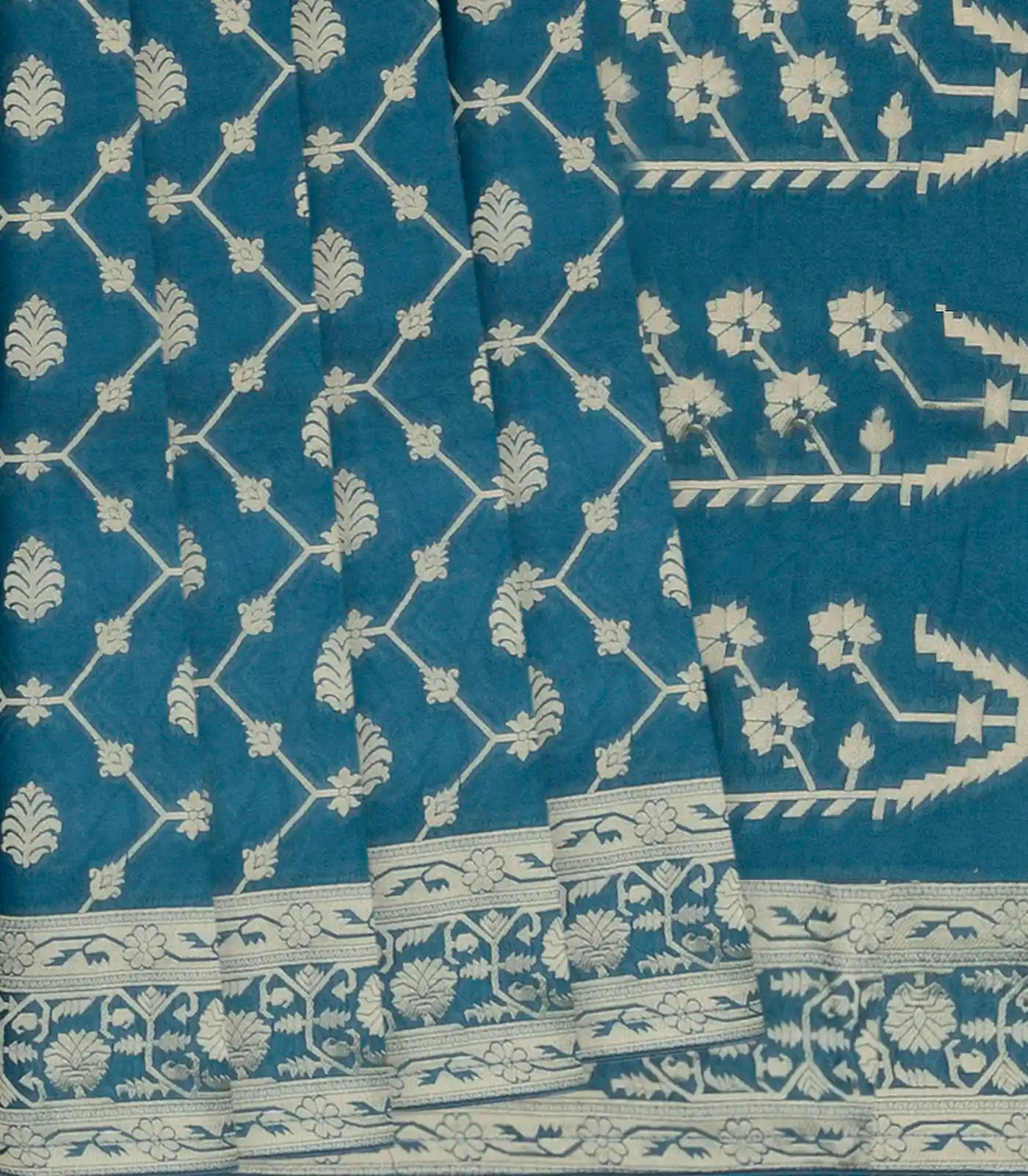 Steel Blue Woven Blended Khaddi Georgette Saree With Floral Jaal Motifs-Steel Blue