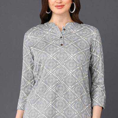 Grey Cotton Blend Bandhani Printed Straight Tunic VT1234