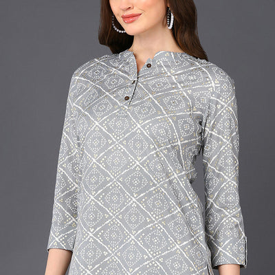 Grey Cotton Blend Bandhani Printed Straight Tunic VT1234