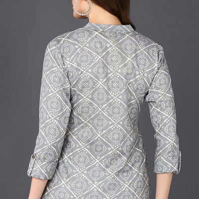 Grey Cotton Blend Bandhani Printed Straight Tunic VT1234