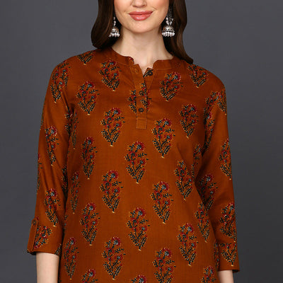 Occur Yellow Cotton Blend Ethnic Motifs Printed Straight Tunic VT1236