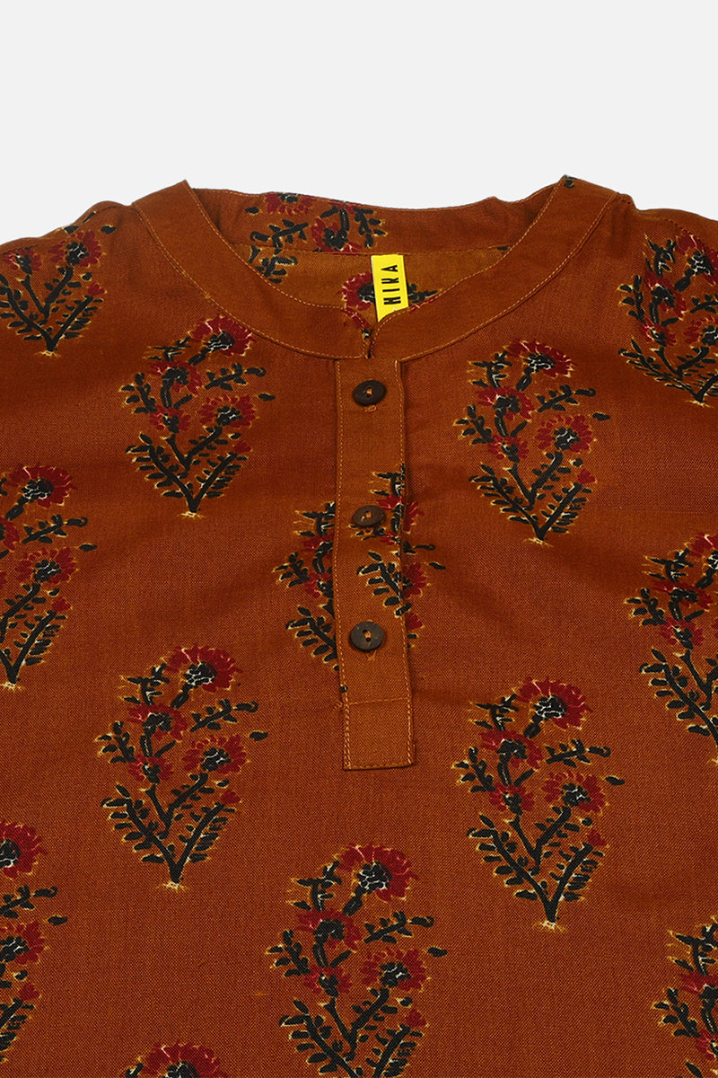 Occur Yellow Cotton Blend Ethnic Motifs Printed Straight Tunic VT1236