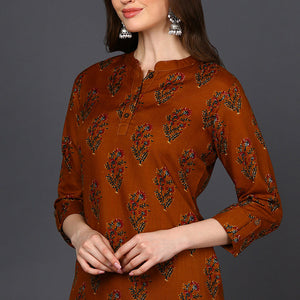 Occur Yellow Cotton Blend Ethnic Motifs Printed Straight Tunic VT1236