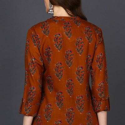 Occur Yellow Cotton Blend Ethnic Motifs Printed Straight Tunic VT1236