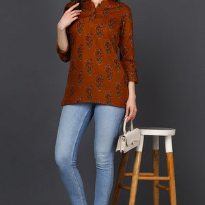 Occur Yellow Cotton Blend Ethnic Motifs Printed Straight Tunic VT1236