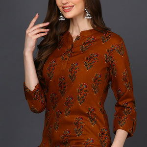 Occur Yellow Cotton Blend Ethnic Motifs Printed Straight Tunic VT1236