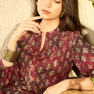 Maroon Cotton Blend Abstract Printed Regular Tunic VT1278MRN