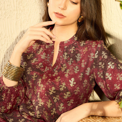 Maroon Cotton Blend Abstract Printed Regular Tunic VT1278MRN