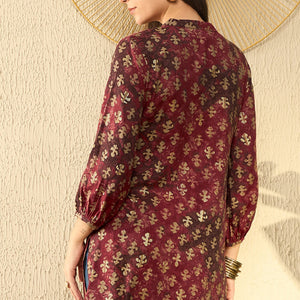 Maroon Cotton Blend Abstract Printed Regular Tunic VT1278MRN